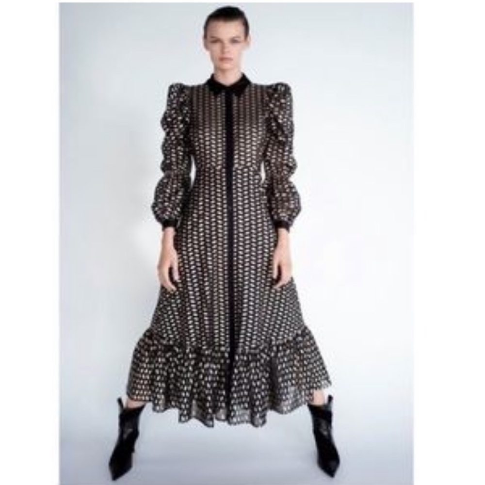 Zara Puff Long Lantern Sleeve Gold Leaf On Black Maxi Dress XS - Picture 3 of 16